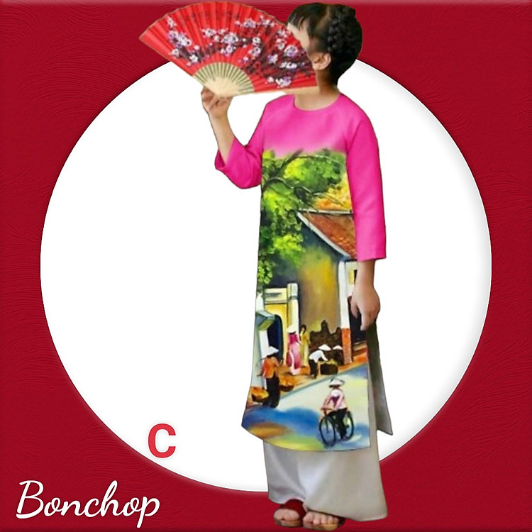 Áo dài cho bé gái hình phố cổ xưa và nay từ 10-42kg. Vải phi lụa