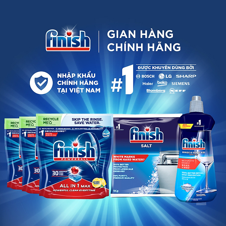 Combo Tiêu Chuẩn: 3 X Túi 30 Viên Nước Rửa Bát All In One Max + Nước Làm Bóng Rinse & Shine Aid + Dung Dịch Tẩy Rửa Máy Rửa Chén Bát.