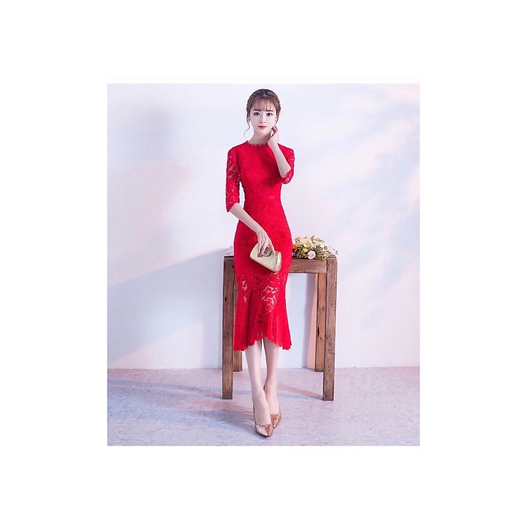 Đầm ôm body đuôi cá tay lửng ren đỏ