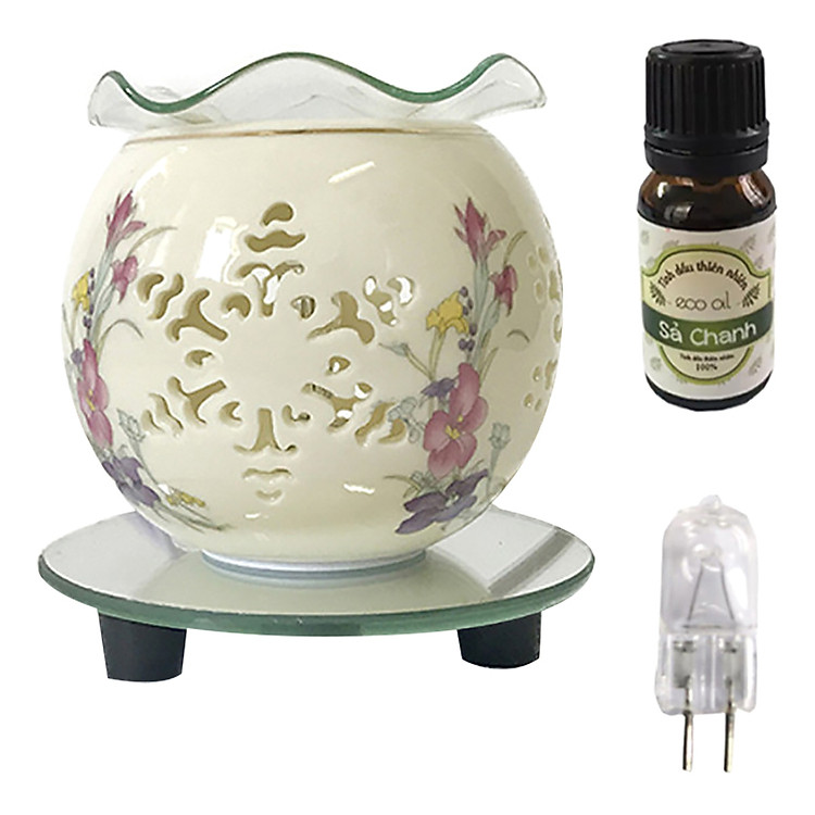 Combo tinh dầu sả chanh Eco oil 10ml cùng đèn xông tinh dầu hoa tuyết AH82 và 1 bóng đèn