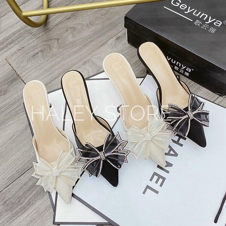 Dép Sục nữ gót 5p da lụa đính nơ đá lung linh sang chảnh hot đi chơi đi tiệc đi làm HALEY STORE