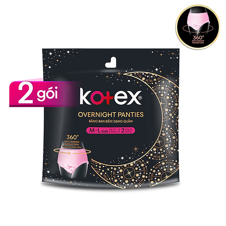 Combo 2 Gói Băng Vệ Sinh Kotex đêm dạng quần vừa vặn chống tràn 360 (2 miếng/gói)