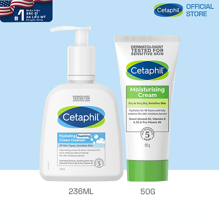 Combo Sữa Rửa Mặt Tạo Bọt Cetaphil Hydrating Foaming Cream Cleanser 236ml + Kem dưỡng ẩm CETAPHIL MOISTURISING CREAM 50G