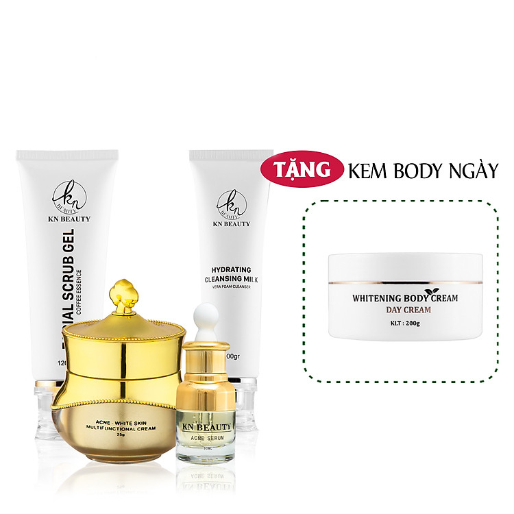 Bộ 4 bước chăm sóc da Trắng sáng Ngừa mụn KN Beauty chuyên sâu: Kem dưỡng 25g + Serum 30ml + Sữa rửa mặt 100gr + Tẩy tế bào chết 100ml (Tặng Body Bơ Ngày)