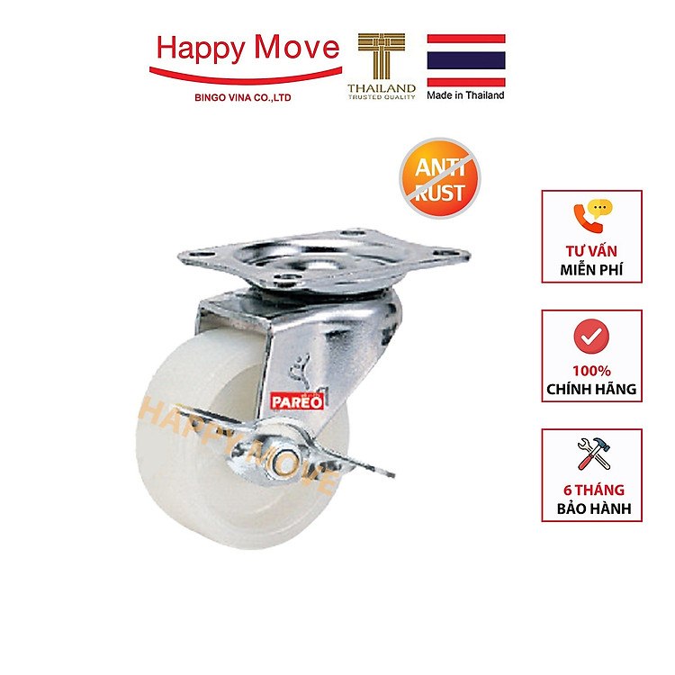Bánh xe nylon tải nhẹ inox 304 càng xoay có khóa 360 độ 50-65-75mm - Happy Move Thái Lan