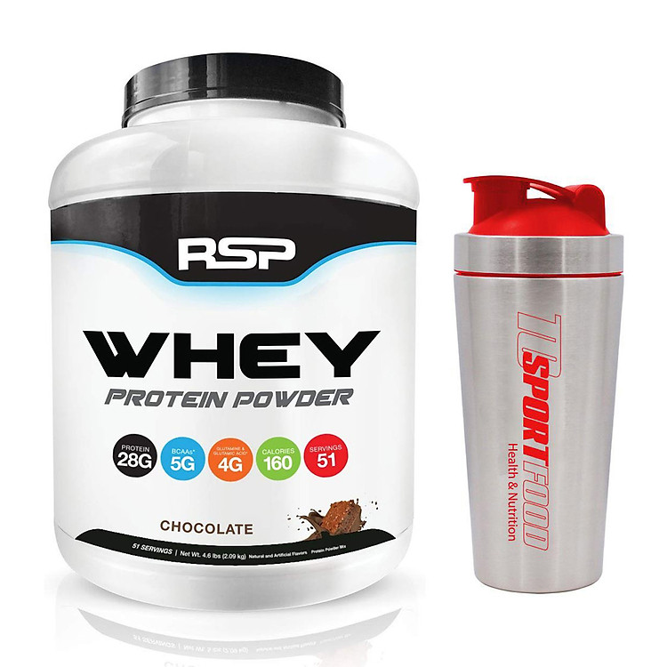 Combo Sữa tăng cơ giảm mỡ Whey Protein Powder của RSP hương Chocolate hộp 51 lần dùng hỗ trợ tăng cơ, phục hồi và phát triển cơ bắp cho người tập GYM và chơi thể thao & Bình Inox 739ML (Mẫu ngẫu nhiên)