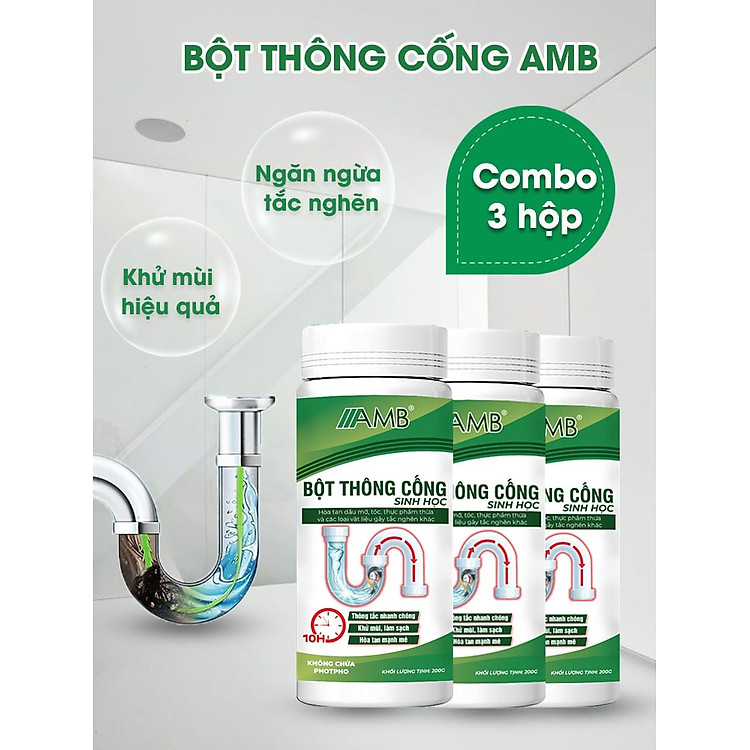 Combo 3 lọ bột thông cống AMB, bột thông bồn cầu, bồn rửa bát, tắc cống siêu mạnh, hiệu quả an toàn