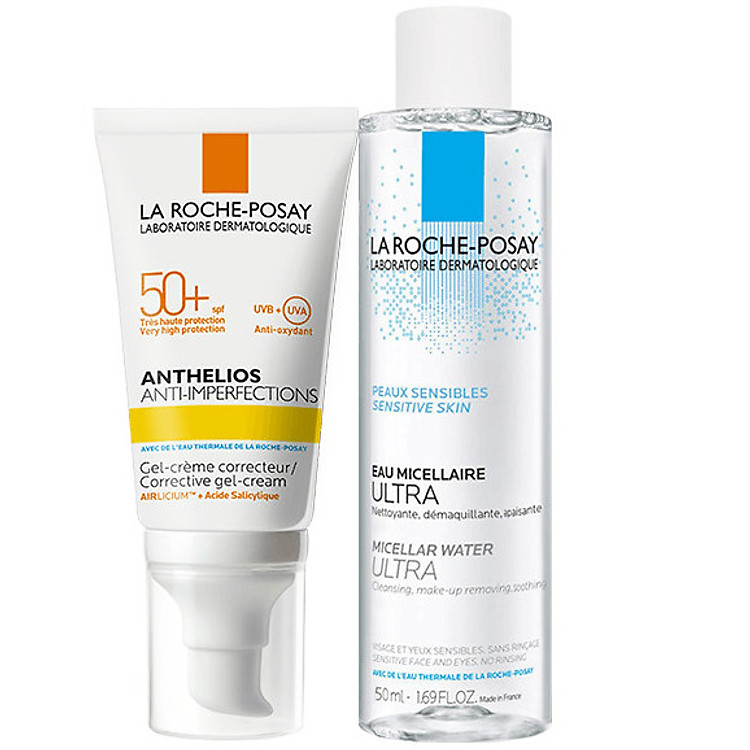 Bộ Đôi Kem Chống Nắng Giúp Bảo Vệ Da Dành Cho Da Bóng Dầu, Dễ Nổi Mụn La Roche-Posay Anthelios Anti-Imperfection 50ml & Nước Tẩy Trang Cho Da Nhạy Cảm Micellar Water 50ml