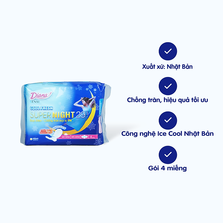 Băng vệ sinh ban đêm có cánh Diana Sensi Cool Night Fresh 29cm (4 Miếng)