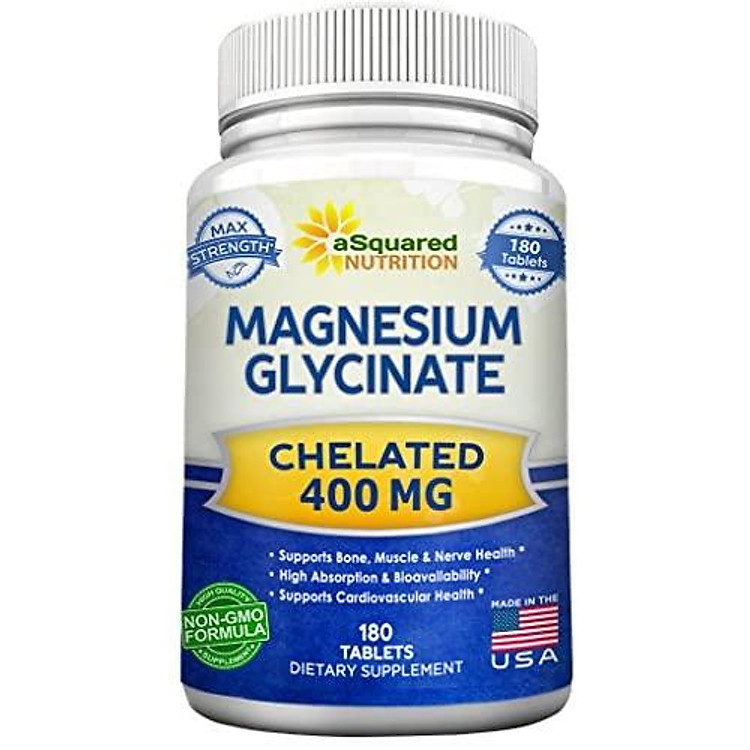 Thực Phẩm Chức Năng Asquared Nutrition Bổ Sung Magnesium Glycinate Chelate Magnesium Bisglycinate Max Strength, Hỗ Trợ Cơ Bắp, Xương Và Tim , Không Biến Đổi Gen Magnesium Glycinate Max Strength Magnesium Bisglycinate Chelate - 180 Viên (400 Mg)