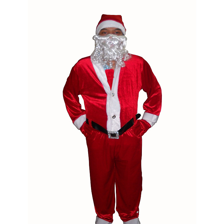 Bộ quần áo ông già Noel vải Nhung - Set 5 món có Râu xoăn đẹp