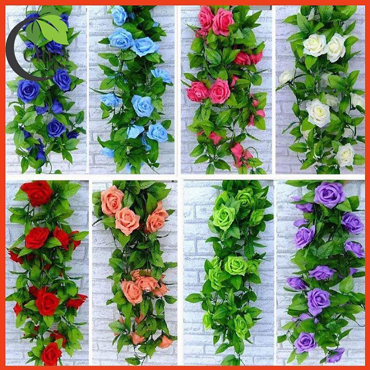 Hoa giả, Hoa hồng dây leo 2.4m gồm 9 bông hoa trang trí đám cưới, xích đu, ban công, sửa sổ, làm giỏ hoa treo tường