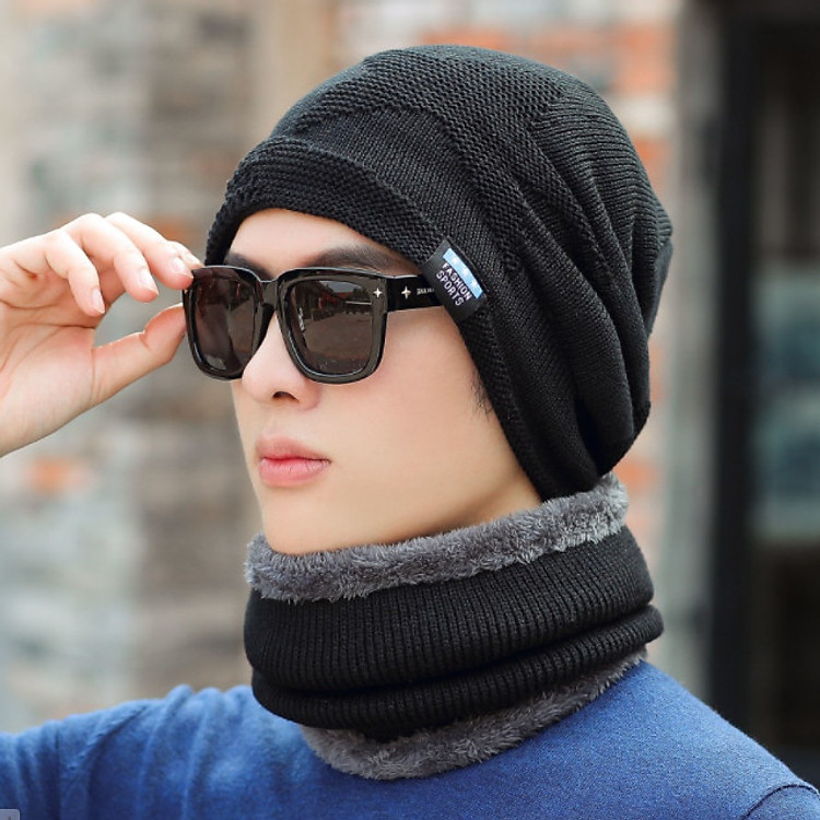 Bộ mũ len kèm khăn lót nỉ cho nam phong cách Hàn, sét nón len 2 trong 1 nam cao cấp