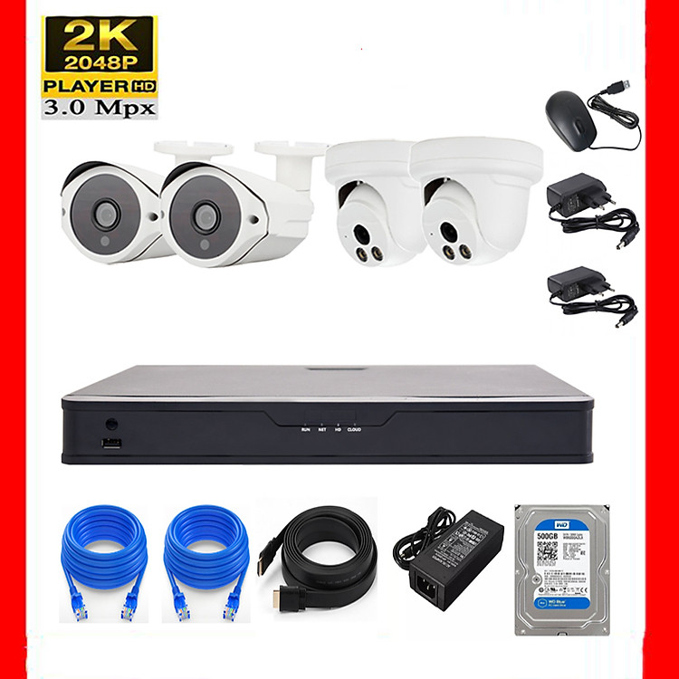 Bộ KIT 4 camera IP 3.0MP (NON-POE) Có ổ cứng 500G, mắt KIM LOẠI chống nước