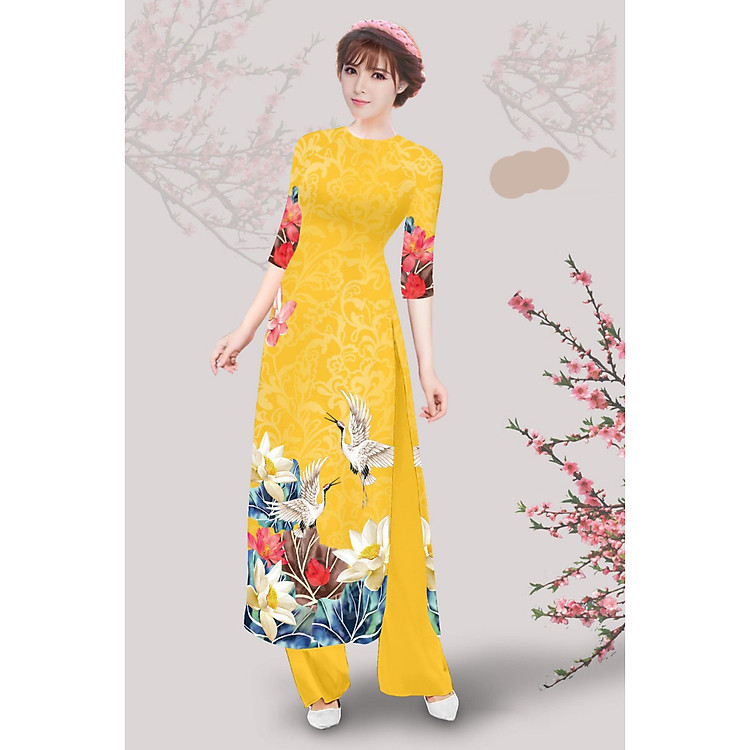 SÉT ÁO DÀI IN HOA SEN VÀ CHIM HẠT TAY LỠ