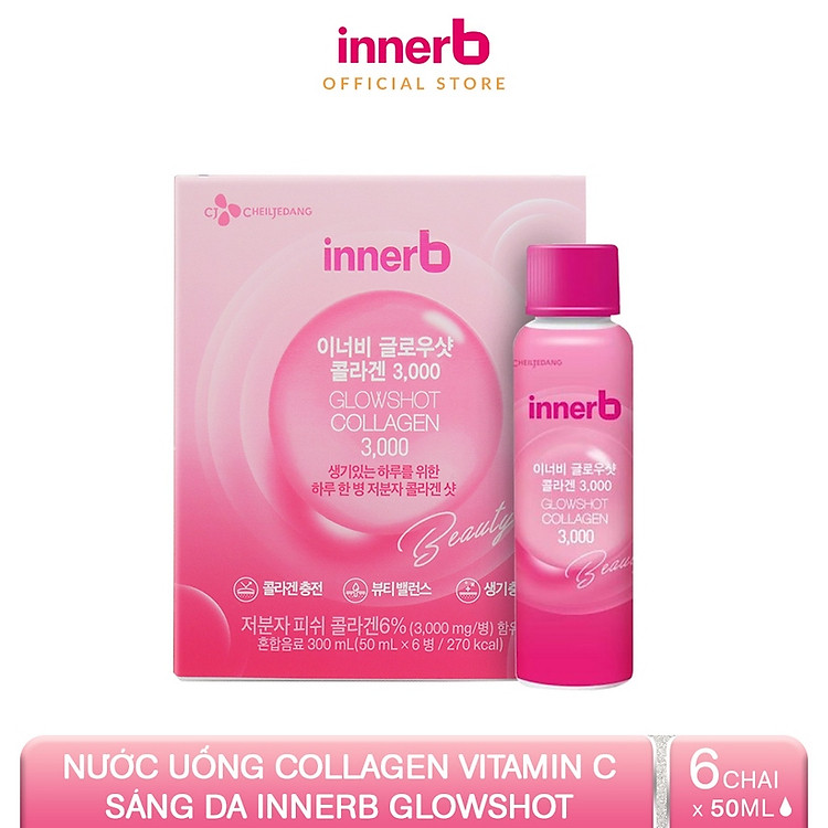Hộp 6 chai nước uống Collagen Vitamin C sáng da InnerB Glowshot (50mlx6) - Sản Phẩm Chính Hãng