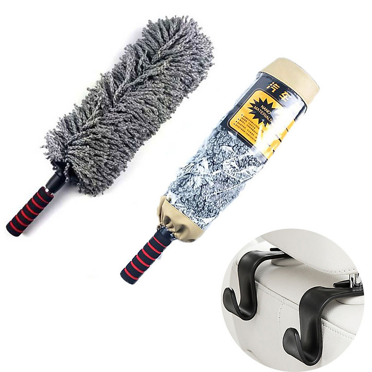 Chổi Lau Xe Sợi Dầu, Cán Kim Loại Điều Chỉnh Độ Dài Tặng 2 Móc Treo Đồ Trên Ô Tô ( Tròn )