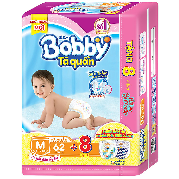 Tã Quần Bobby Gói Siêu Lớn M62 (62 Miếng) + 8 Miếng Cùng Size