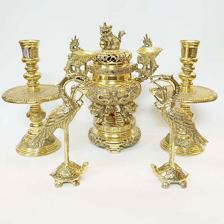 Bộ đỉnh đồng thờ cúng mini 27 cm đồng vàng bóng