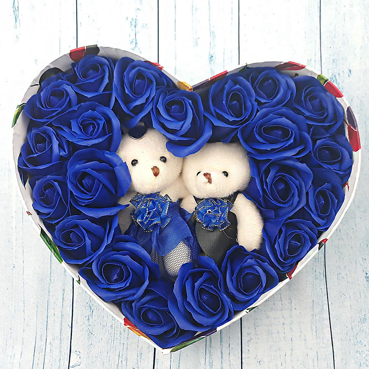 Quà tặng sinh nhật hoa hồng sáp hộp tim 2 gấu màu xanh - Ảnh 2