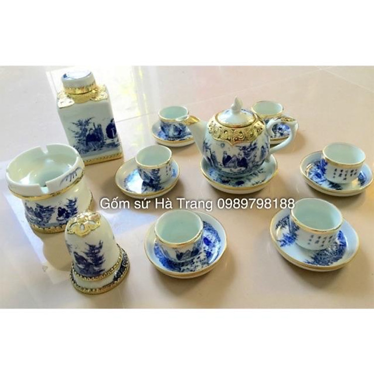 Bộ ấm chén chóp lửa trúc lâm thất hiền bọc đồng kèm hộp xi sang trọng