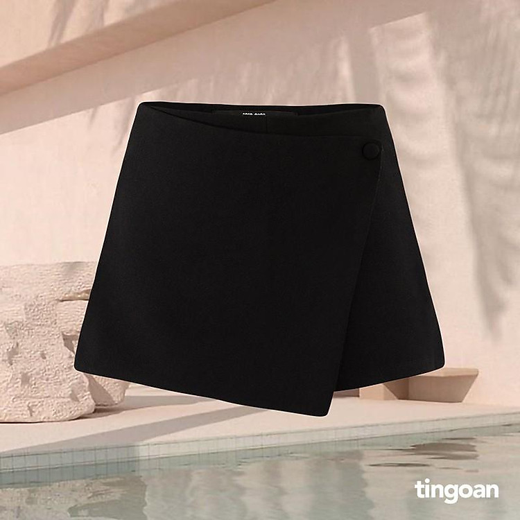 Quần váy cạp cao 1 cúc lệch vạy đen tingoan NICOLE SKORT/BL
