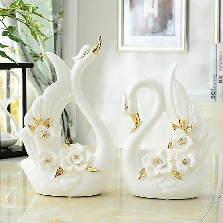 Đôi thiên nga sứ trắng cao cấp phối hoa hồng