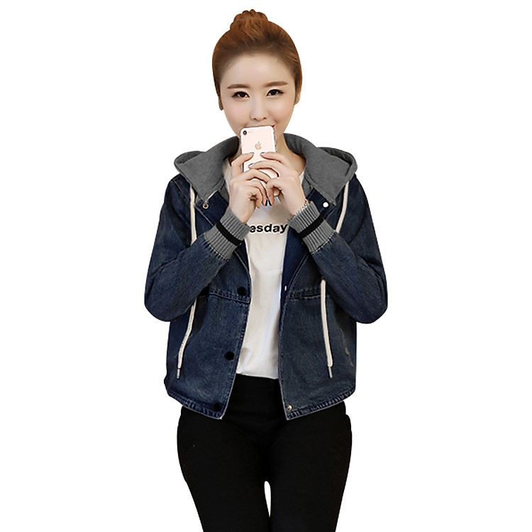 Áo khoác jean nữ phối nón tay bo