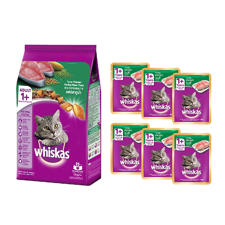 Combo thức ăn cho mèo lớn Whiskas dạng hạt vị cá ngừ 1.2kg + 6 túi pate mèo lớn vị cá ngừ 80g