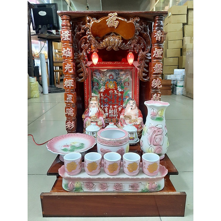 Combo Bàn Thờ Thần Tài Ông Địa gỗ Công Nghiệp nâu xoắn ngang 35 cao 50 Combo 9 Món