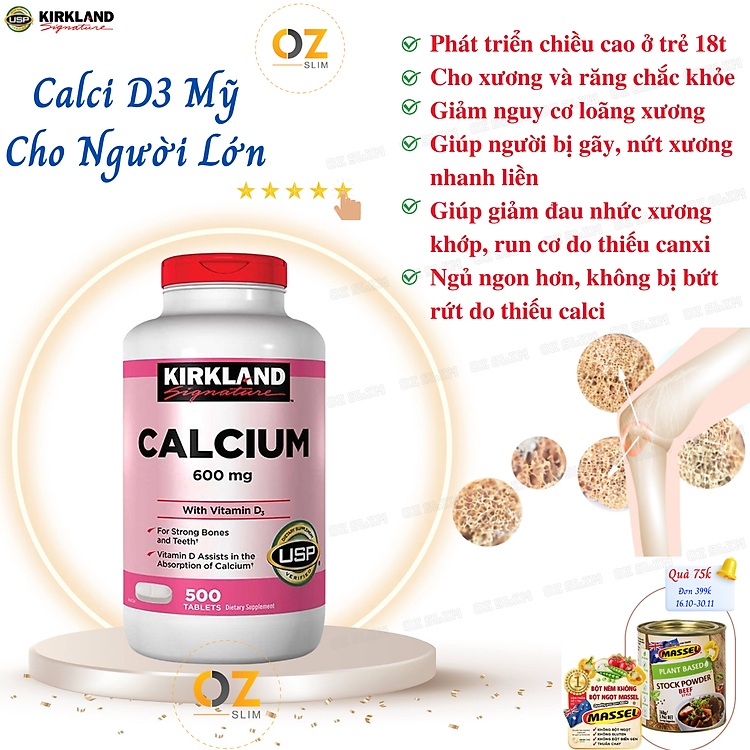 Canxi cho người lớn Mỹ Kirkland Signature Calcium 600mg with Vitamin D3 phát triển hệ thống xương, phòng chống loãng xương - OZ Slim Store
