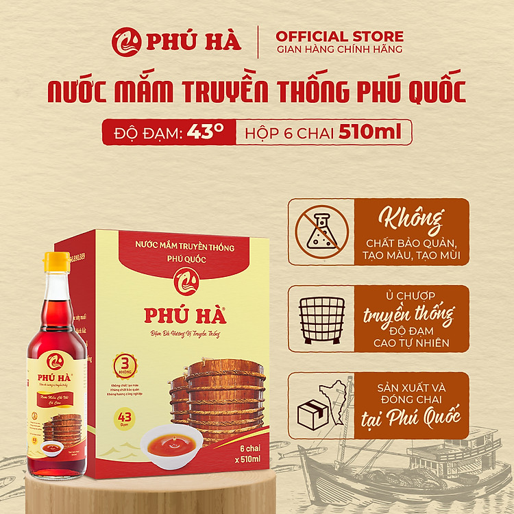 Nước mắm truyền thống Phú Quốc Phú Hà 43 độ đạm - Hộp 6 chai 510ml