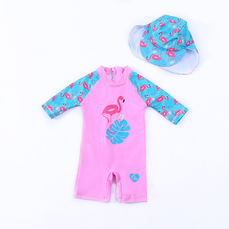 Đồ bơi liền thân bé gái hình hồng hạc kèm nón bơi