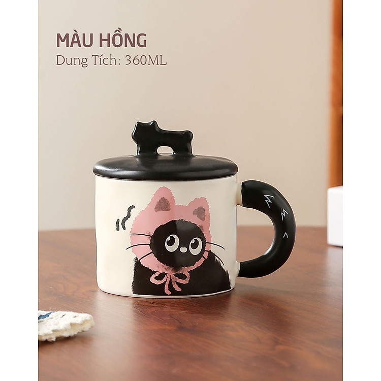 Ly Gốm Sứ Nắp Hình Mèo Đen