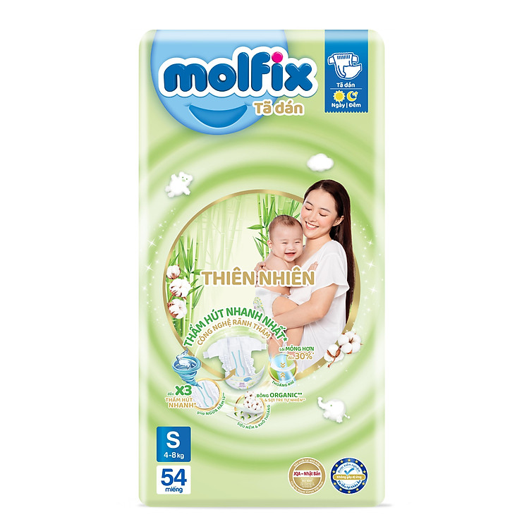 Tã/bỉm dán Molfix Thiên nhiên Jumbo S (4kg - 8kg) - Gói 54 miếng