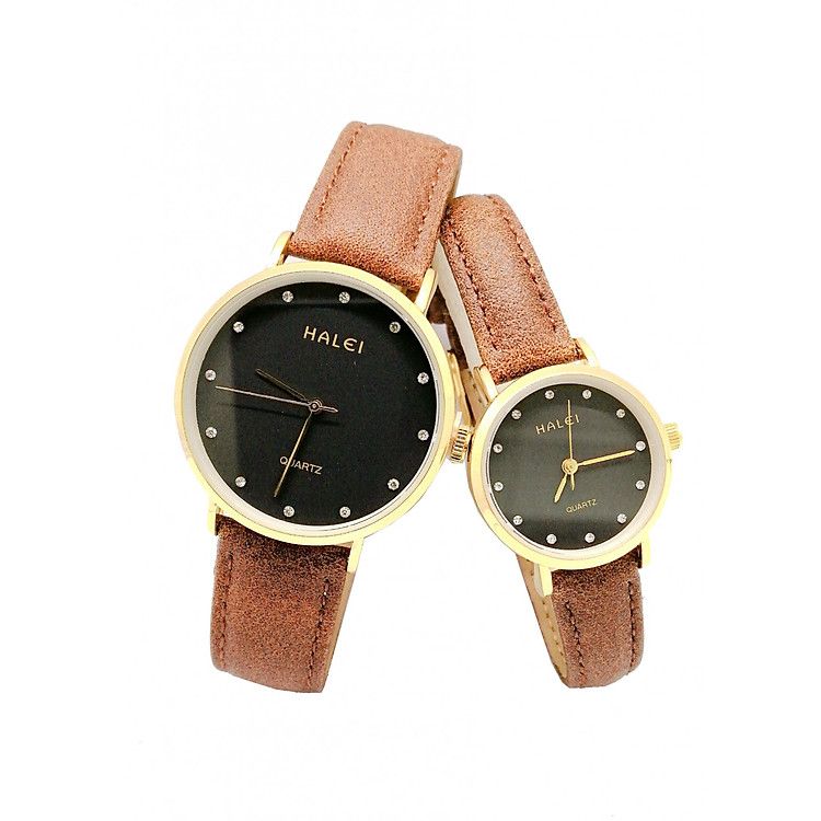 Cặp Đồng Hồ Nam Nữ Halei HL542 Dây da nâu (Tặng pin Nhật sẵn trong đồng hồ + Móc Khóa gỗ Đồng hồ 888 y hình)