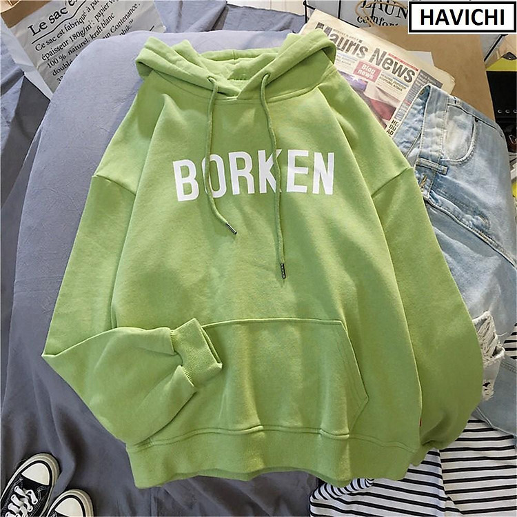 Áo Hoodie - Áo khoác Hoodie nam nữ Xanh lá cây Borken vải nỉ bông dày dặn , ấm áp