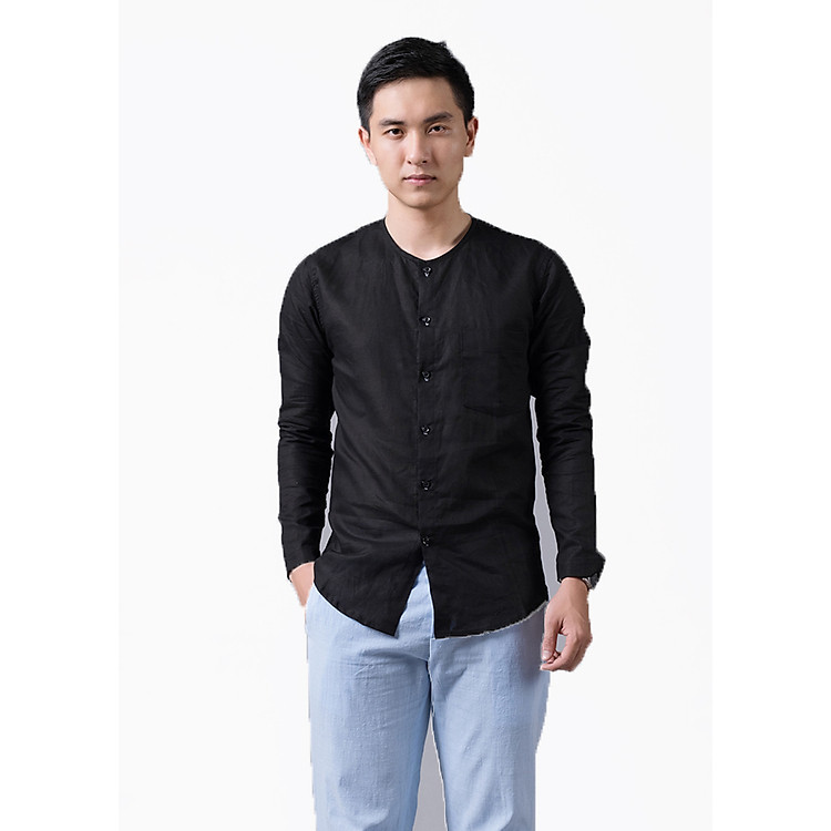 Áo sơ mi nam dài tay cổ tròn đen Rough