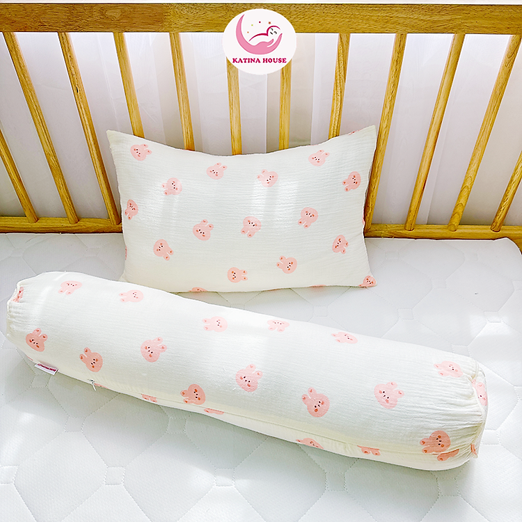Bộ gối nằm gối ôm trẻ em Katina House, vải muslin mềm nhẹ, thoáng khí, thấm hút tốt, an toàn