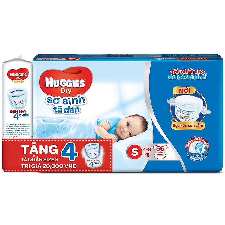 Tã Dán Sơ Sinh Huggies Dry Newborn S56 (56 Miếng) - Tặng 4 miếng