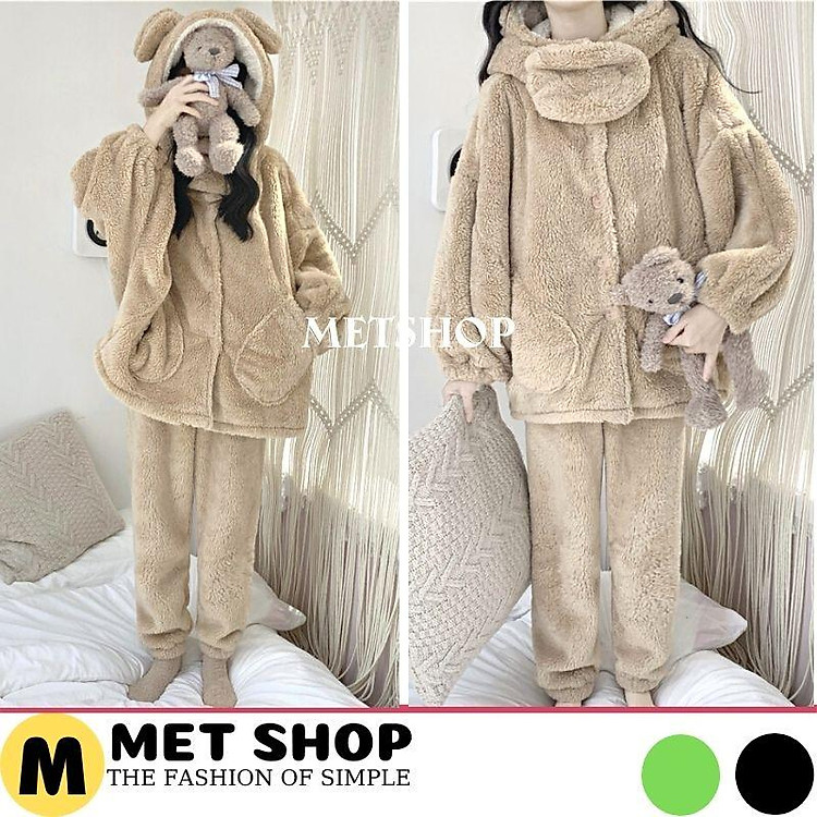 Bộ đồ ngủ mùa đông lông cừu giữ nhiệt tốt, nhung bông mềm mịn cho nữ siêu ấm, bộ mặc nhà nữ dày dặn có vòng cổ -METSHOP0