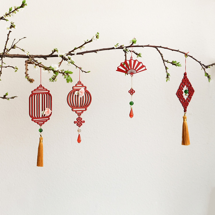 Dây treo trang trí Tết KIM HOA ĐĂNG gỗ cắt CNC màu đỏ son - Ảnh 5