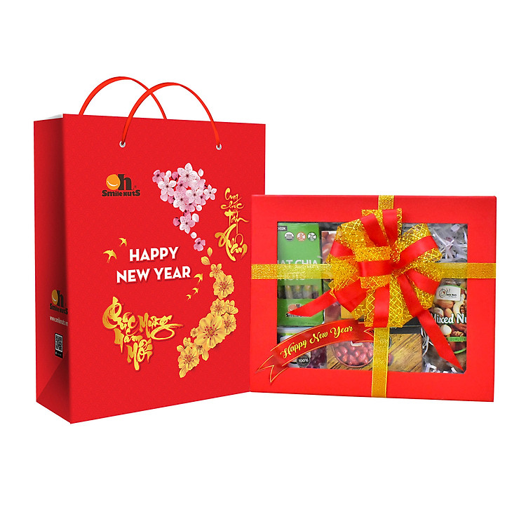 Hộp Quà Tết Cao Cấp Hạt Dinh Dưỡng Smile Nuts - Loại C (Táo đỏ khô, Nho khô mix Chile, Mix 3 loại hạt và Hạt Chia shots)