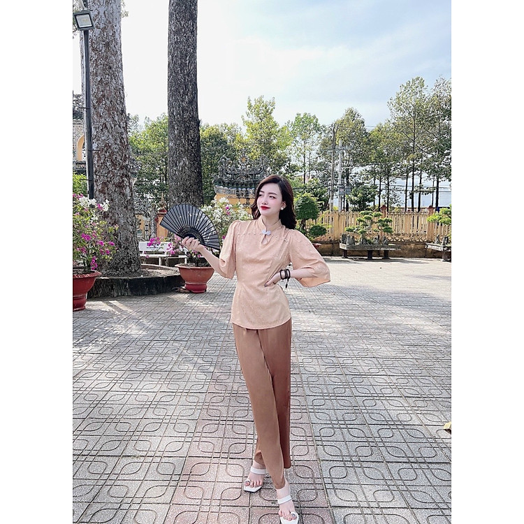 Bộ Đi Lễ Chùa - Đồ Lam Nữ Đi Chùa Đẹp Cao Cấp Trang Nhã Vải Lụa Hoa Nổi 2021 Dành Cho Phật Tử AL002