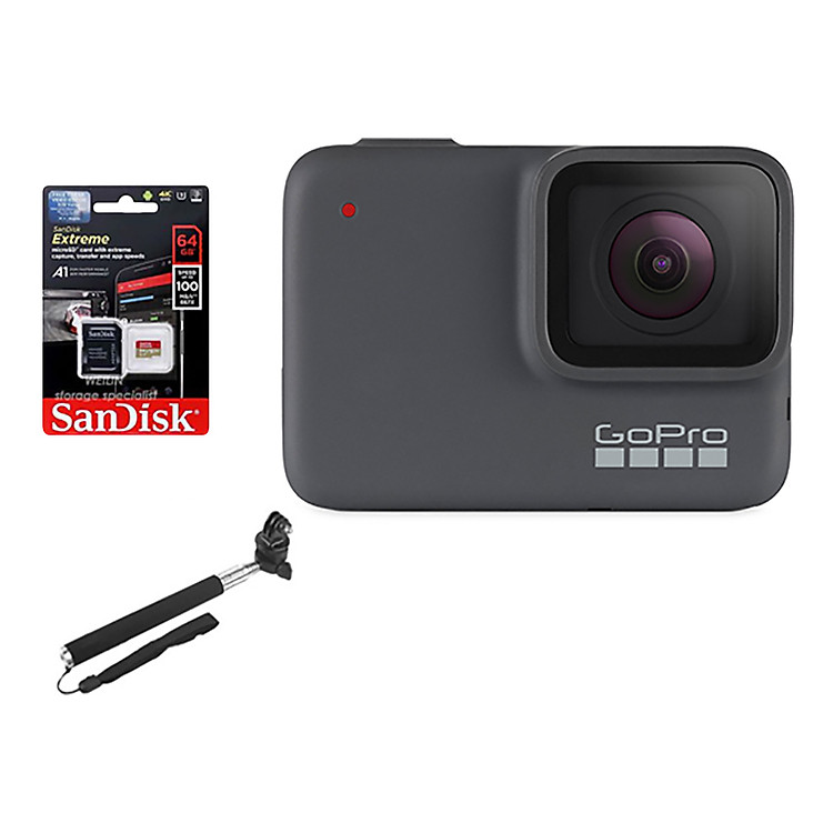 Combo GoPro Hero 7 Silver + Thẻ Nhớ 64GB 4K + Gậy Cầm Tay & Mount Gắn - Hàng Chính Hãng
