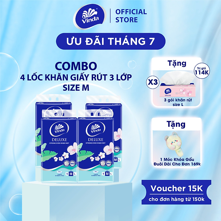 [MUA 4 LỐC KHĂN RÚT SIZE M TẶNG 3 GÓI KHĂN RÚT SIZE L] Khăn giấy rút cao cấp Vinda Deluxe 3 lớp 90 tờ size M (5 Gói)