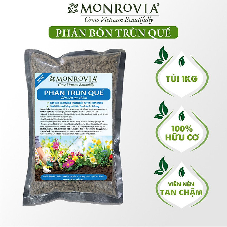 Phân trùn quế nguyên chất MONROVIA, viên nén tan chậm hữu cơ bón cho hoa hồng, lan, cây cảnh, rau củ quả