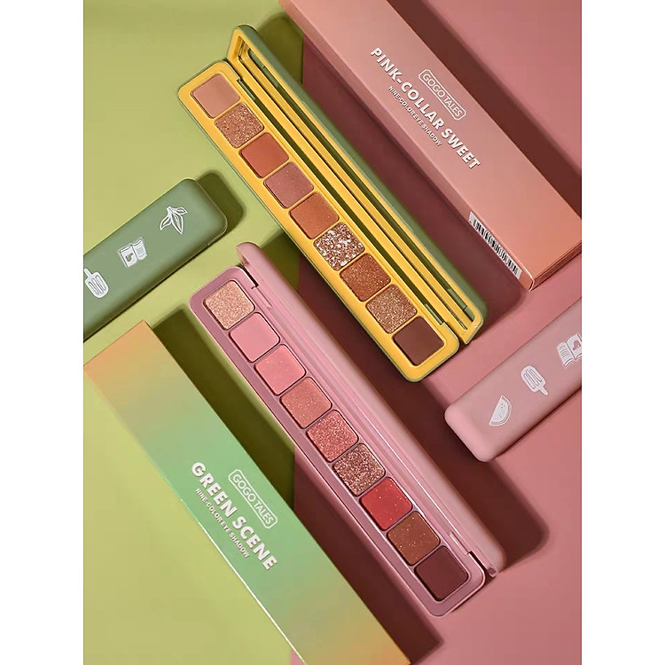Bảng phấn mắt 9 màu GOGO TALES Nine Color Eye Shadow tông hồng đào và tông cam nâu vỏ xanh hồng có gương