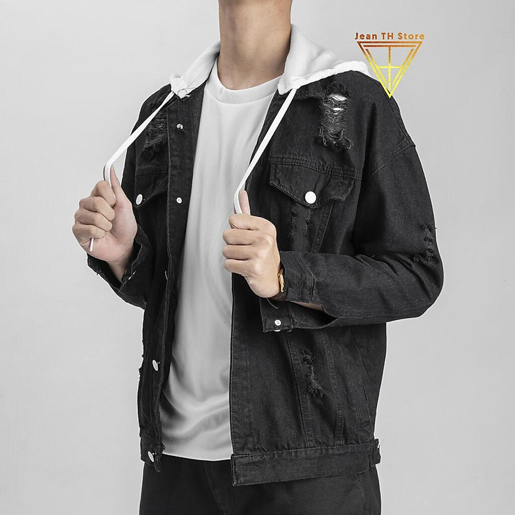 Áo khoác jean nam đen có nón nỉ in Skul Dust, áo khoác bò cá tính, trẻ trung