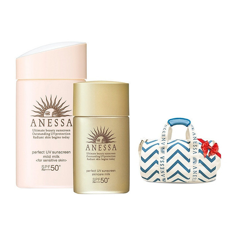 Bộ đôi Kem chống nắng dưỡng da dạng sữa dịu nhẹ cho da nhạy cảm & trẻ em SPF 50+ 60ml và bảo vệ hoàn hảo SPF 50+ PA++++ 20ml - Tặng Túi trống thể thao Anessa